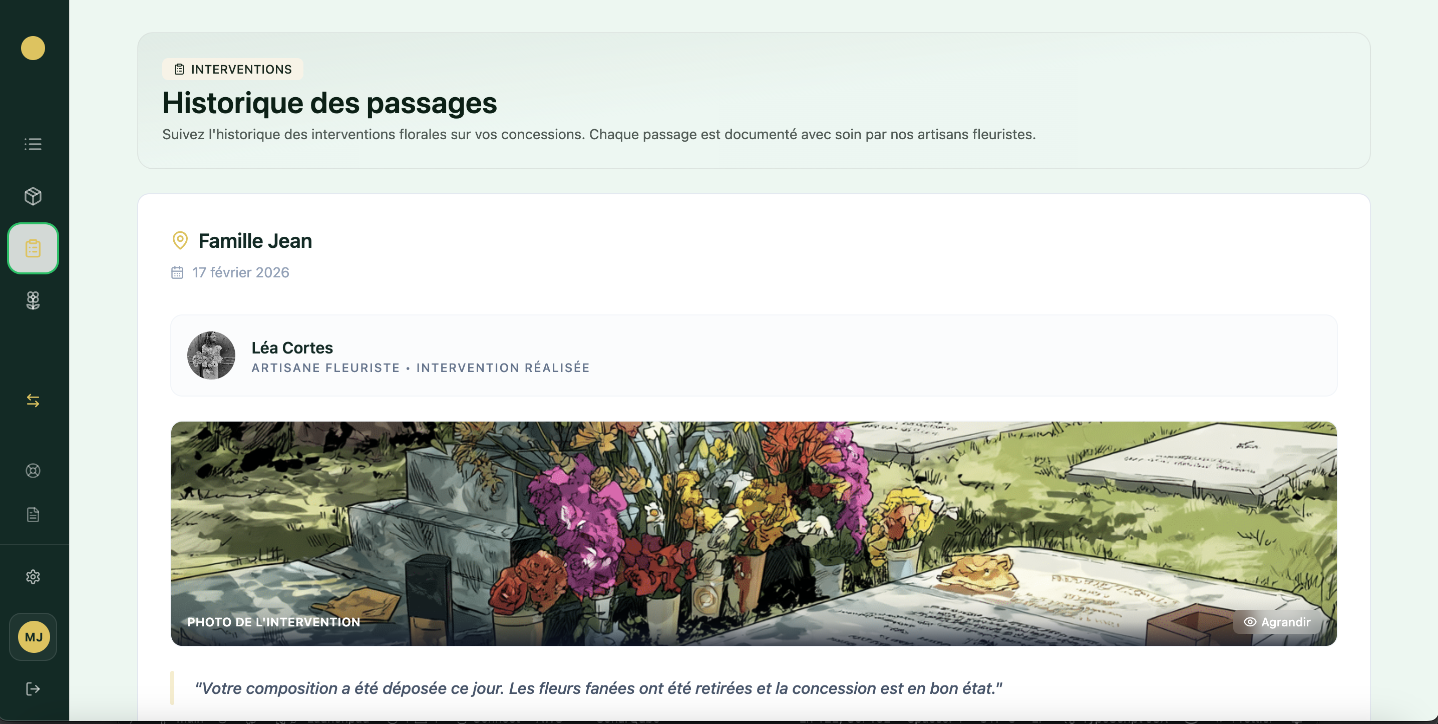 Aperçu de l'historique des passages dans l'espace client